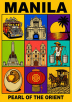 Siyam na Sagisag — Manila art print: bright pop-art grid of nine icons on yellow - a decorated jeepney, San Agustin church, palm sunset, Rizal Monument, a twin-towered church, a water vendor, balut egg, red Chinese lantern and a horse-drawn kalesa