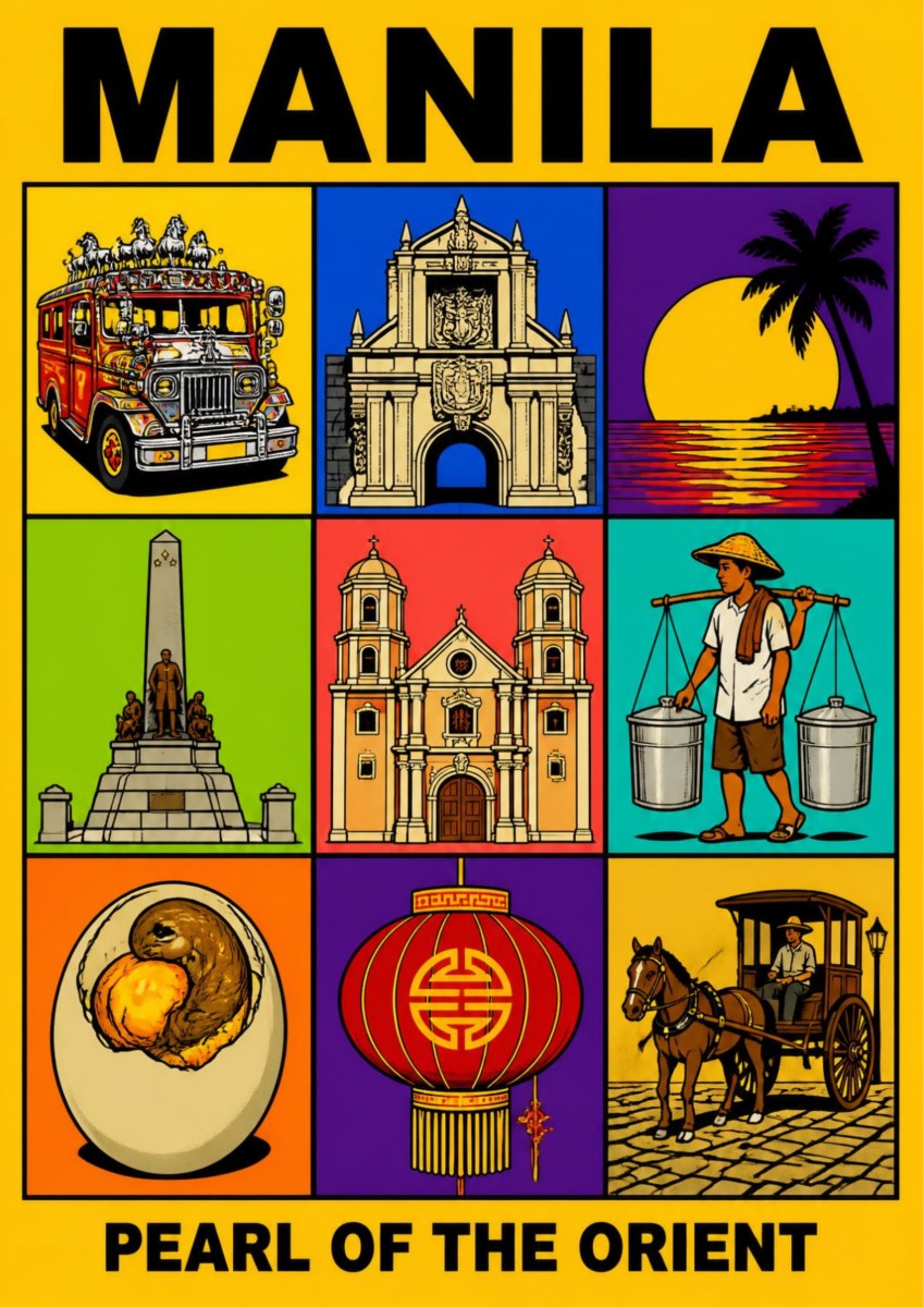 Siyam na Sagisag — Manila art print: bright pop-art grid of nine icons on yellow - a decorated jeepney, San Agustin church, palm sunset, Rizal Monument, a twin-towered church, a water vendor, balut egg, red Chinese lantern and a horse-drawn kalesa