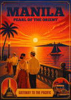 Takipsilim sa Baybayin — Manila art print: sunset poster of couples in barong and terno strolling a bayside promenade with palms and a balustrade, an orange sun and outrigger sailboat on the water, with roundel insets of the Rizal Monument and a jeepney