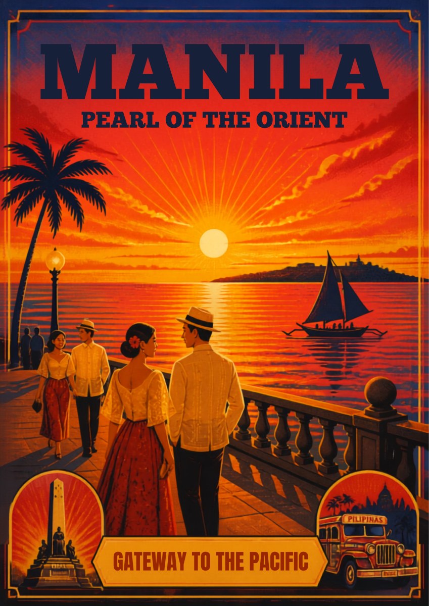 Takipsilim sa Baybayin — Manila art print: sunset poster of couples in barong and terno strolling a bayside promenade with palms and a balustrade, an orange sun and outrigger sailboat on the water, with roundel insets of the Rizal Monument and a jeepney