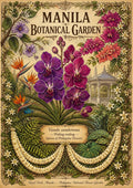 Waling-waling — Manila art print: Victorian botanical plate of purple Vanda sanderiana orchids, bougainvillea and bird-of-paradise framing the Rizal Park bandstand, with sampaguita garlands strung below on aged cream paper