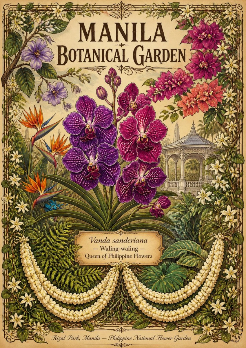 Waling-waling — Manila art print: Victorian botanical plate of purple Vanda sanderiana orchids, bougainvillea and bird-of-paradise framing the Rizal Park bandstand, with sampaguita garlands strung below on aged cream paper