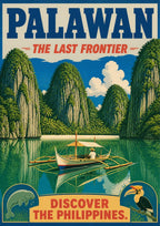 Ang Bangkero — Palawan art print: a lone boatman poling an outrigger bangka across a glassy green lagoon beneath towering jungle-covered limestone karsts, with dugong and hornbill roundels flanking the words 'The Last Frontier'