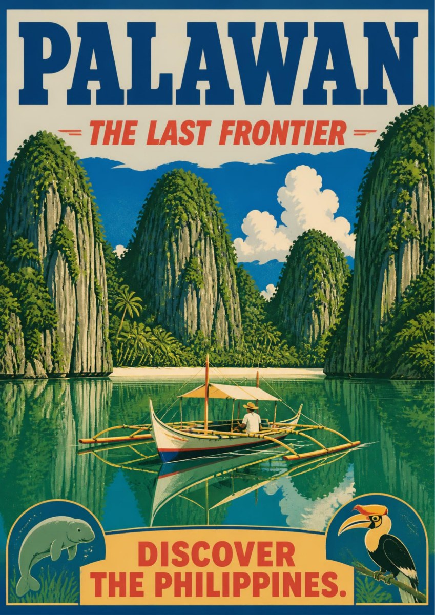 Ang Bangkero — Palawan art print: a lone boatman poling an outrigger bangka across a glassy green lagoon beneath towering jungle-covered limestone karsts, with dugong and hornbill roundels flanking the words 'The Last Frontier'