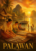 Ginintuang Hapon — Palawan art print: golden sunset scene of women laying fish out to dry on mats beside stilt houses and moored outriggers, with children playing in the shallows and karst islands beyond
