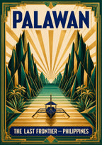 Gintong Palma — Palawan art print: art deco composition in gold, cream and deep green with stylised angular palm fronds and sunburst rays converging on a single outrigger boat at the end of a symmetrical waterway