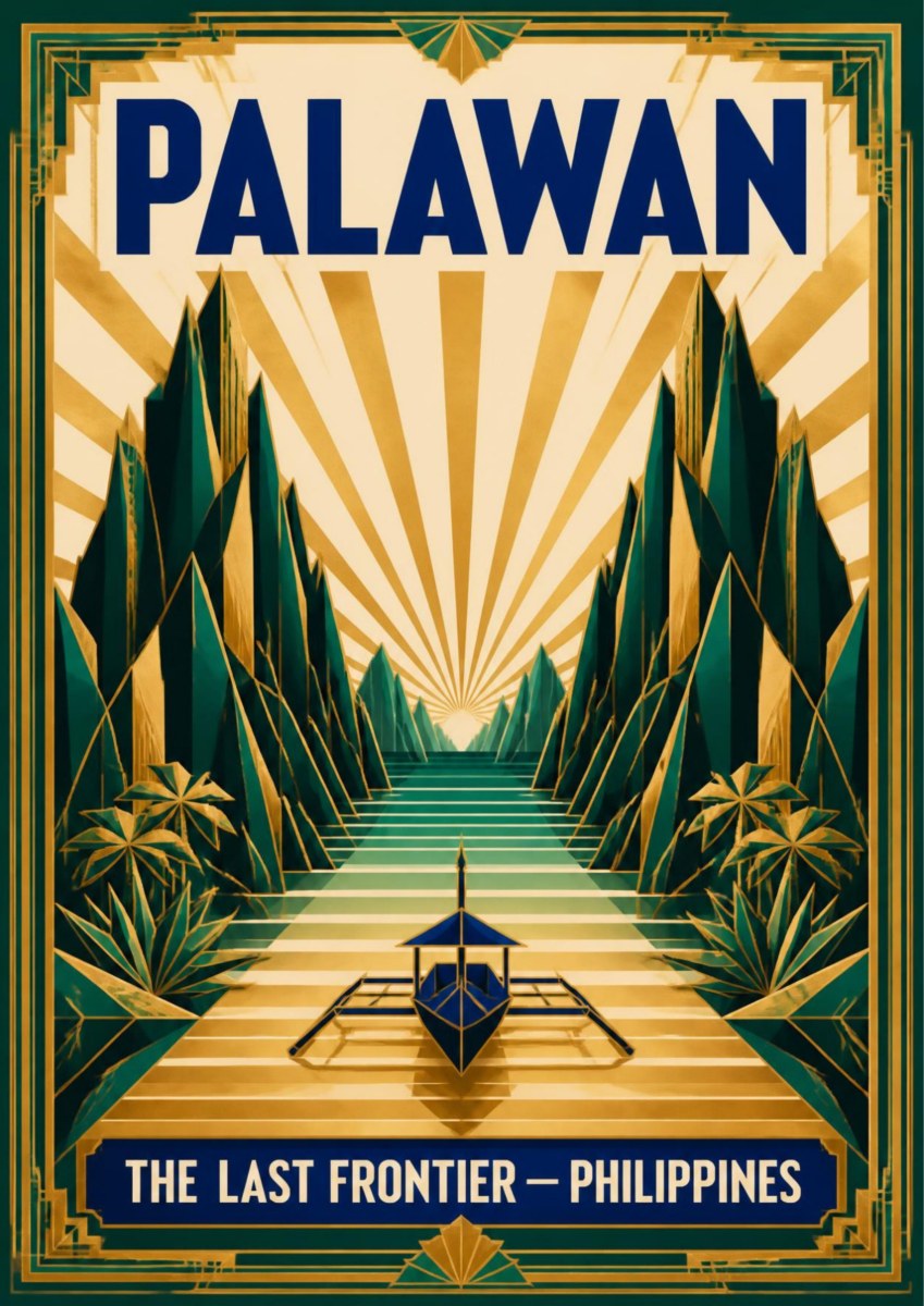 Gintong Palma — Palawan art print: art deco composition in gold, cream and deep green with stylised angular palm fronds and sunburst rays converging on a single outrigger boat at the end of a symmetrical waterway
