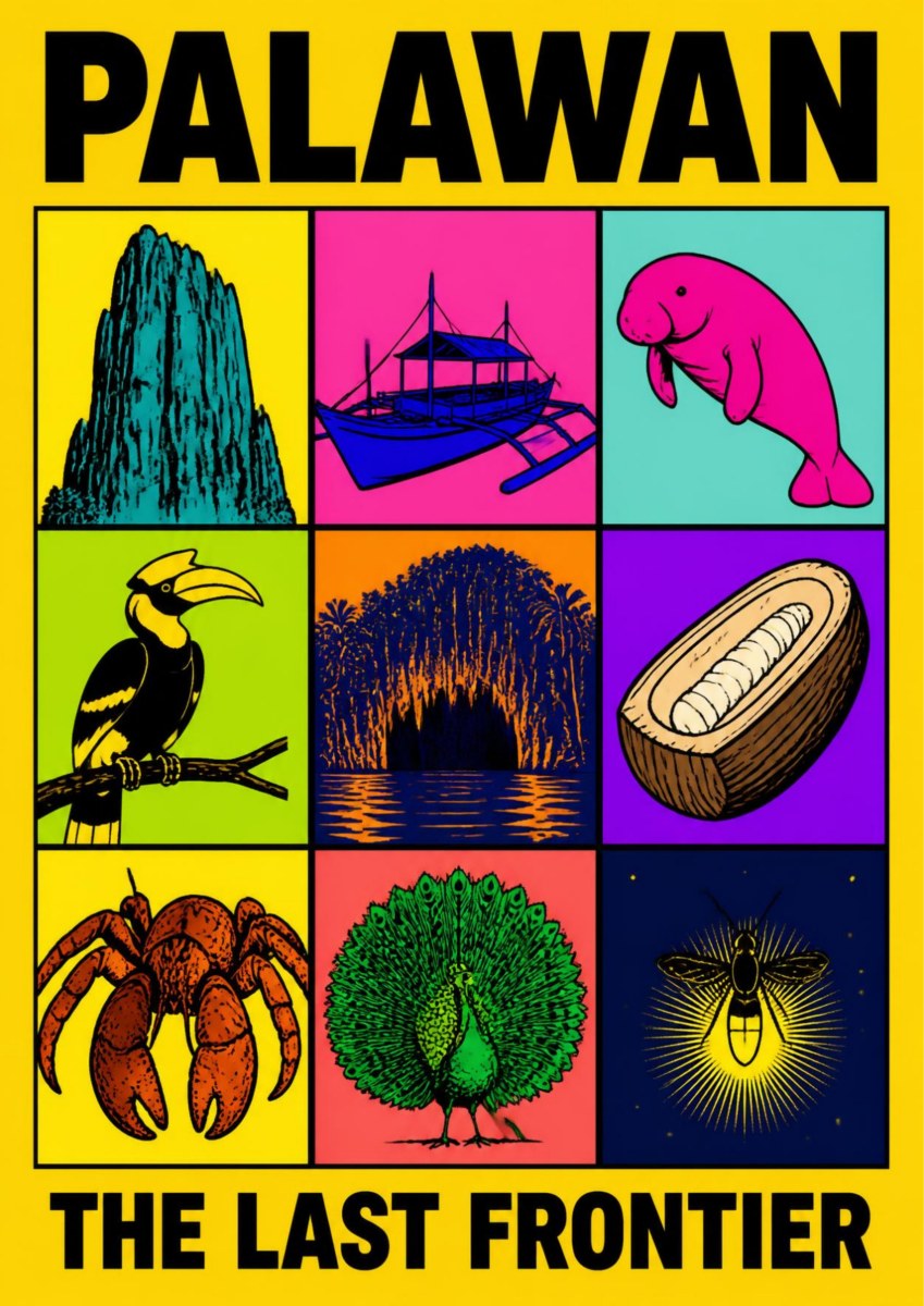 Siyam na Yaman — Palawan art print: pop-art grid of nine Palawan emblems on a yellow ground: a limestone karst, an outrigger bangka, a dugong, a hornbill, the underground river mouth at night, a wooden boat hull, a coconut crab, a peacock and a firefly