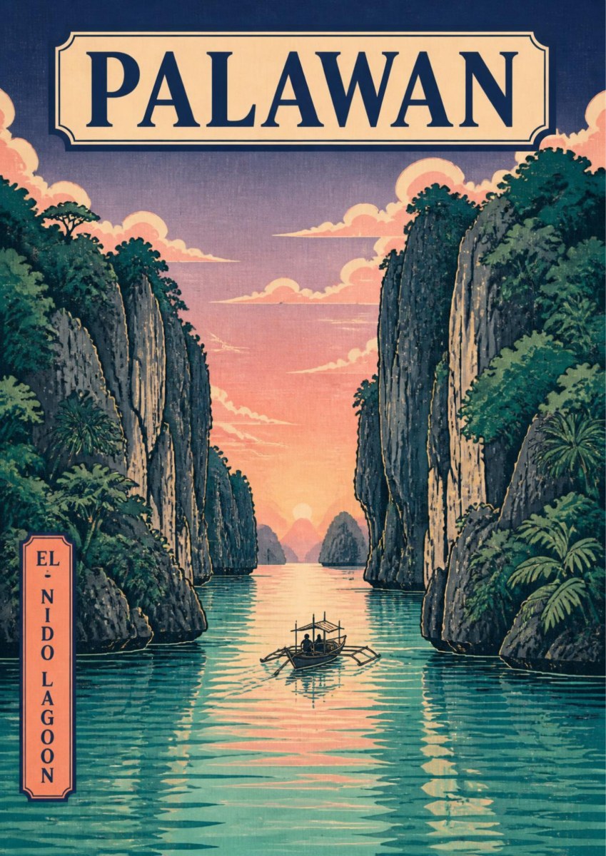 Takipsilim sa El Nido — Palawan art print: textured poster of El Nido lagoon at dusk, a small outrigger boat gliding on mirror-calm water between sheer dark karst cliffs under a pink and violet sky