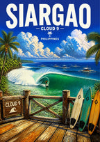Boardwalk Break — Siargao art print: a painted view from the weathered Cloud 9 boardwalk, with surfboards leaning against the timber rail, a perfect green-blue wave peeling offshore, outrigger boats on the horizon and tall white clouds above