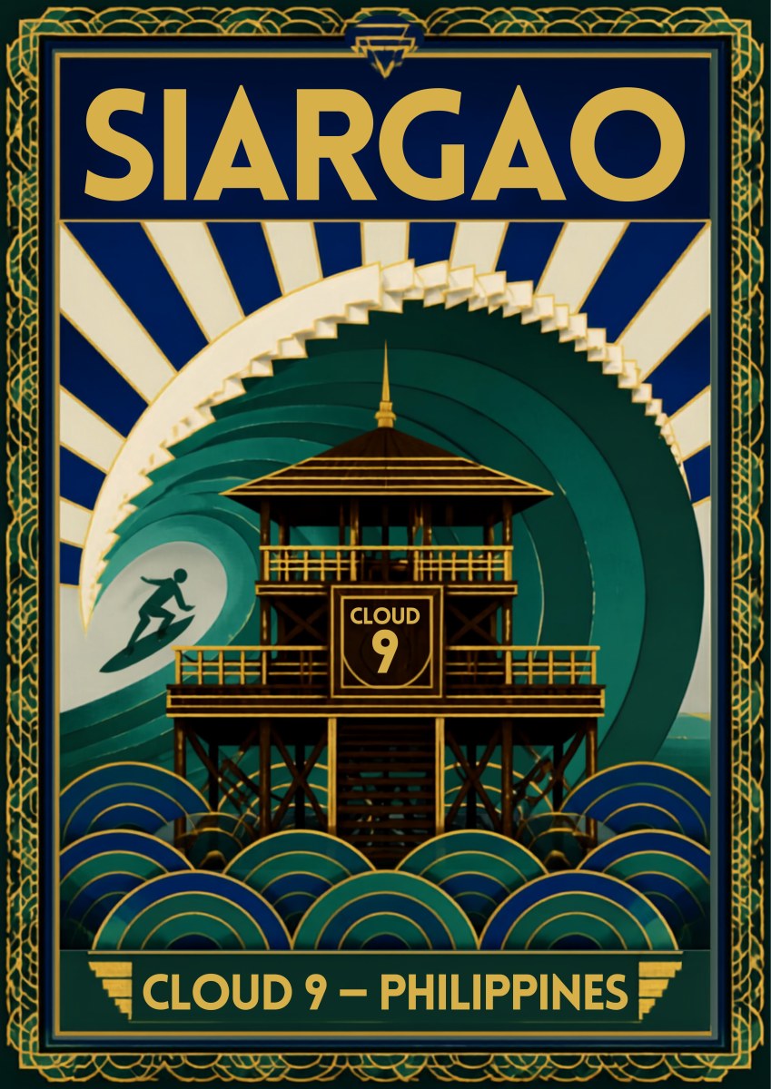 Cloud Nine Tower — Siargao art print: an Art Deco treatment of the timber Cloud 9 surf tower on stilts, backed by concentric green wave arcs, a small surfer and radiating blue and cream rays, in deep green, navy and gold