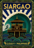 Cloud Nine Tower — Siargao art print: an Art Deco treatment of the timber Cloud 9 surf tower on stilts, backed by concentric green wave arcs, a small surfer and radiating blue and cream rays, in deep green, navy and gold