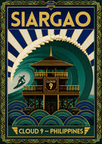 Cloud Nine Tower — Siargao art print: an Art Deco treatment of the timber Cloud 9 surf tower on stilts, backed by concentric green wave arcs, a small surfer and radiating blue and cream rays, in deep green, navy and gold