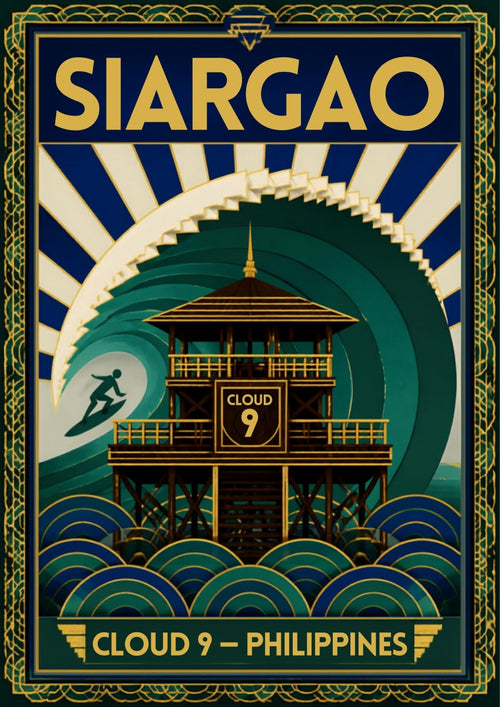 Cloud Nine Tower — Siargao art print: an Art Deco treatment of the timber Cloud 9 surf tower on stilts, backed by concentric green wave arcs, a small surfer and radiating blue and cream rays, in deep green, navy and gold