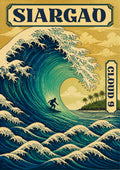 Dakilang Alon — Siargao art print: a Japanese woodblock-style scene of a towering curling blue and white wave with a tiny surfer riding it, ranks of stylised swells below and a palm-covered island under a cream sky, with a CLOUD 9 side banner