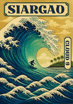 Dakilang Alon — Siargao art print: a Japanese woodblock-style scene of a towering curling blue and white wave with a tiny surfer riding it, ranks of stylised swells below and a palm-covered island under a cream sky, with a CLOUD 9 side banner