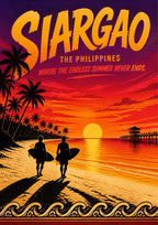 Endless Summer — Siargao art print: two surfers silhouetted with boards under their arms walking a beach at sunset, palms and the surf tower jetty in silhouette against a red-to-orange sky and low sun, with WHERE THE ENDLESS SUMMER NEVER ENDS lettering