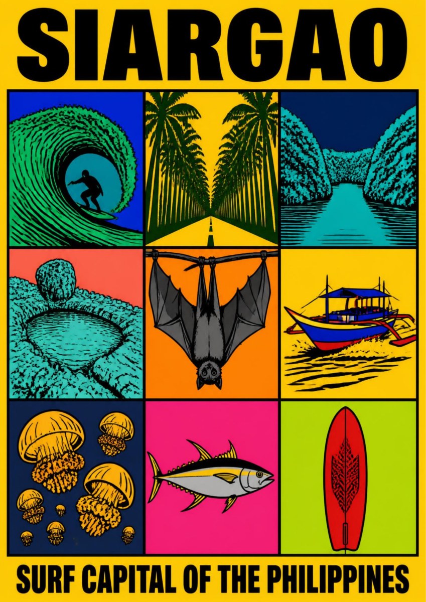 Isla Icons — Siargao art print: a nine-panel icon grid on a yellow ground with bold black outlines, showing a barrel surfer, a palm-lined road, a blue lagoon channel, Sugba Lagoon, a fruit bat, an outrigger bangka boat, stingless jellyfish, a yellowfin tuna and a surfboard