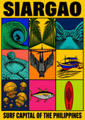 Isla Icons — Siargao art print: a nine-panel icon grid on a yellow ground with bold black outlines, showing a barrel surfer, a palm-lined road, a blue lagoon channel, Sugba Lagoon, a fruit bat, an outrigger bangka boat, stingless jellyfish, a yellowfin tuna and a surfboard