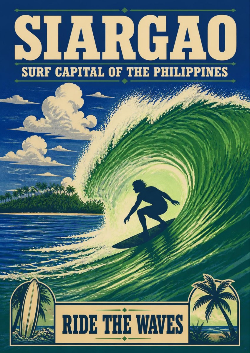 Sakay sa Alon — Siargao art print: a screen-print style poster of a surfer silhouetted inside a huge green barrelling wave, with a palm-fringed shoreline and cumulus clouds behind, plus small surfboard and palm-tree emblems and a RIDE THE WAVES banner