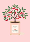 Cherry Tree — Fruit Trees art print: cherry tree with red fruit and dark branches in a cream tin labelled GROWN WITH CARE, CHERRY FRUIT TREE, on a soft pink ground