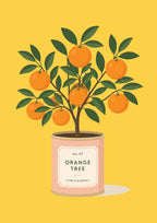 Orange Tree — Fruit Trees art print: orange tree heavy with fruit in a blush pink pot with a cream apothecary label reading No. 07 ORANGE TREE, CITRUS SINENSIS, on a warm yellow ground