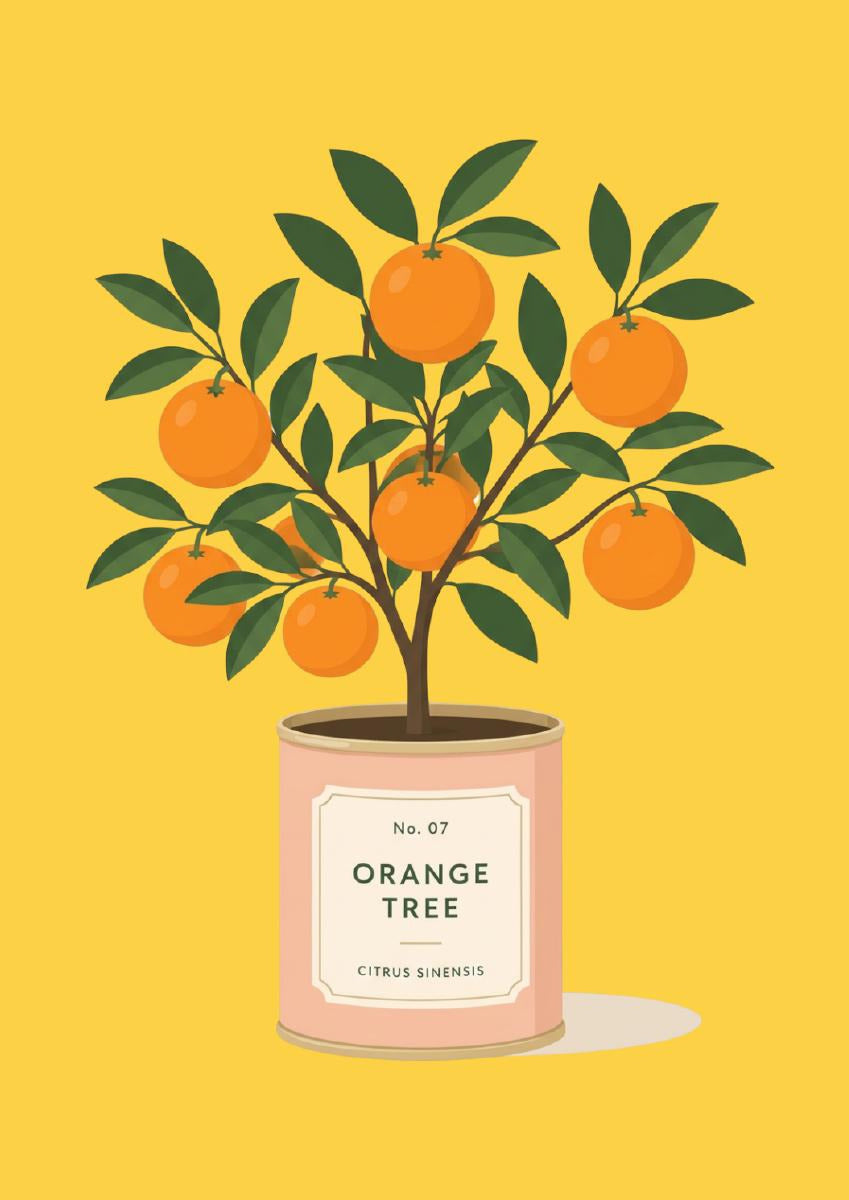 Orange Tree — Fruit Trees art print: orange tree heavy with fruit in a blush pink pot with a cream apothecary label reading No. 07 ORANGE TREE, CITRUS SINENSIS, on a warm yellow ground