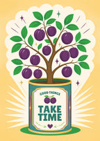 Plum Tree — Fruit Trees art print: plum tree with deep purple fruit in a teal tin labelled GOOD THINGS TAKE TIME, on a golden ground with radiating rays