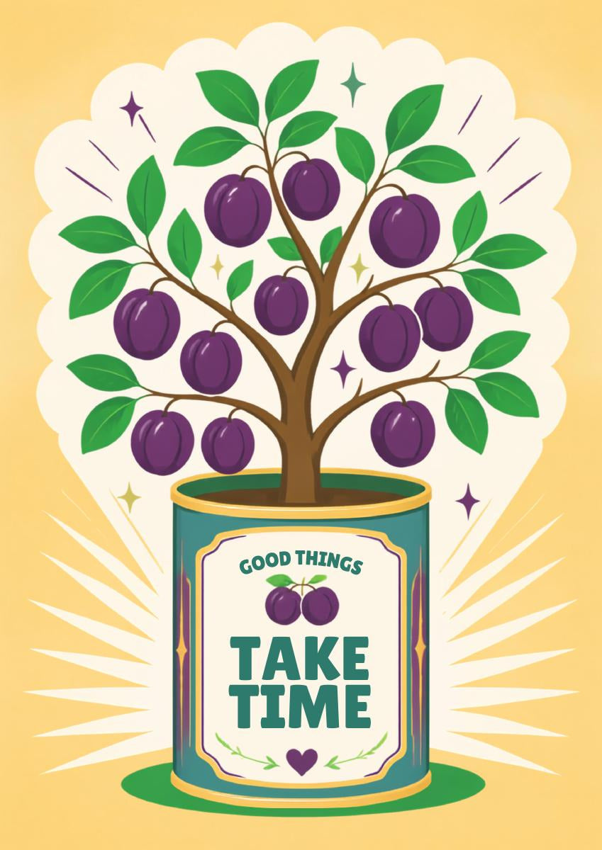 Plum Tree — Fruit Trees art print: plum tree with deep purple fruit in a teal tin labelled GOOD THINGS TAKE TIME, on a golden ground with radiating rays
