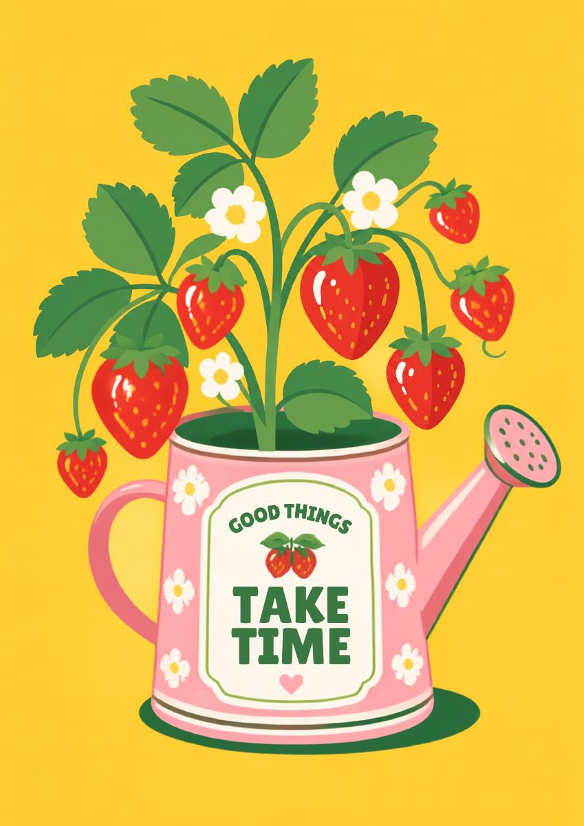 Strawberry — Fruit Trees art print: strawberry plant in flower and fruit growing from a pink floral watering can labelled GOOD THINGS TAKE TIME, on a bright yellow ground
