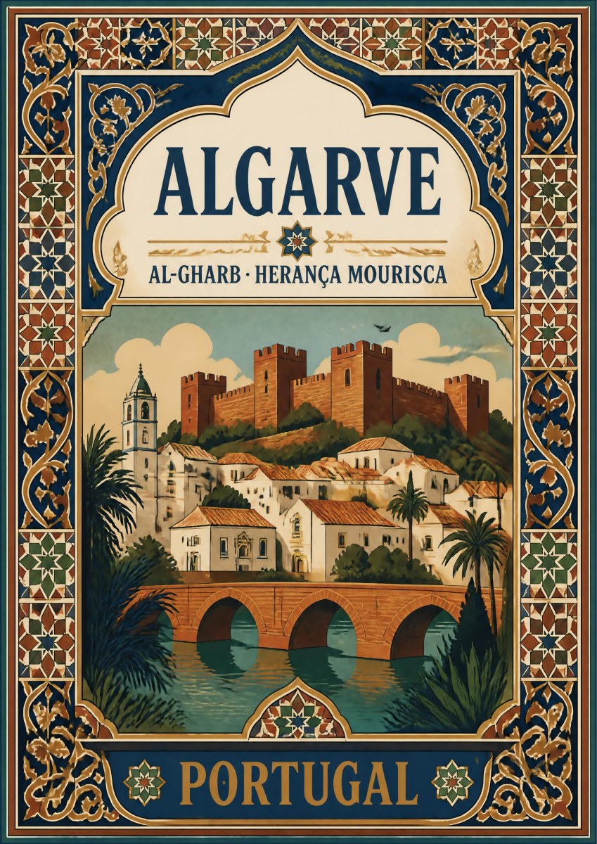 Al-Gharb — Algarve art print: moorish-tiled border framing an illustration of the red sandstone Silves castle above whitewashed houses, a church tower, palms and an old arched stone bridge