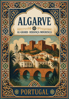 Al-Gharb — Algarve art print: moorish-tiled border framing an illustration of the red sandstone Silves castle above whitewashed houses, a church tower, palms and an old arched stone bridge