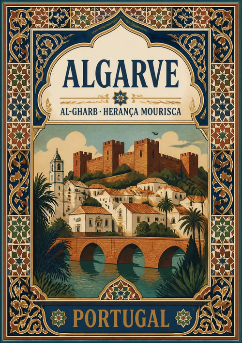 Al-Gharb — Algarve art print: moorish-tiled border framing an illustration of the red sandstone Silves castle above whitewashed houses, a church tower, palms and an old arched stone bridge