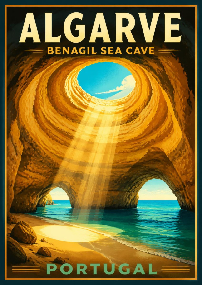 Algar de Benagil — Algarve art print: warm golden interior of the Benagil sea cave, with a shaft of light falling through the circular opening onto the sandy beach and two arches opening to the turquoise sea