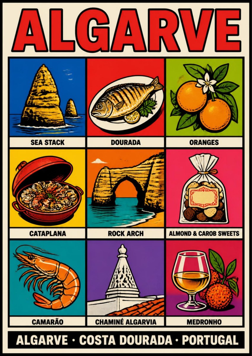 Costa Dourada — Algarve art print: cream poster with red title type and a nine-panel grid of flat colour icons: sea stack, grilled dourada, oranges, cataplana, rock arch, almond and carob sweets, prawn, an Algarvian chimney and a glass of medronho