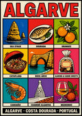 Costa Dourada — Algarve art print: cream poster with red title type and a nine-panel grid of flat colour icons: sea stack, grilled dourada, oranges, cataplana, rock arch, almond and carob sweets, prawn, an Algarvian chimney and a glass of medronho