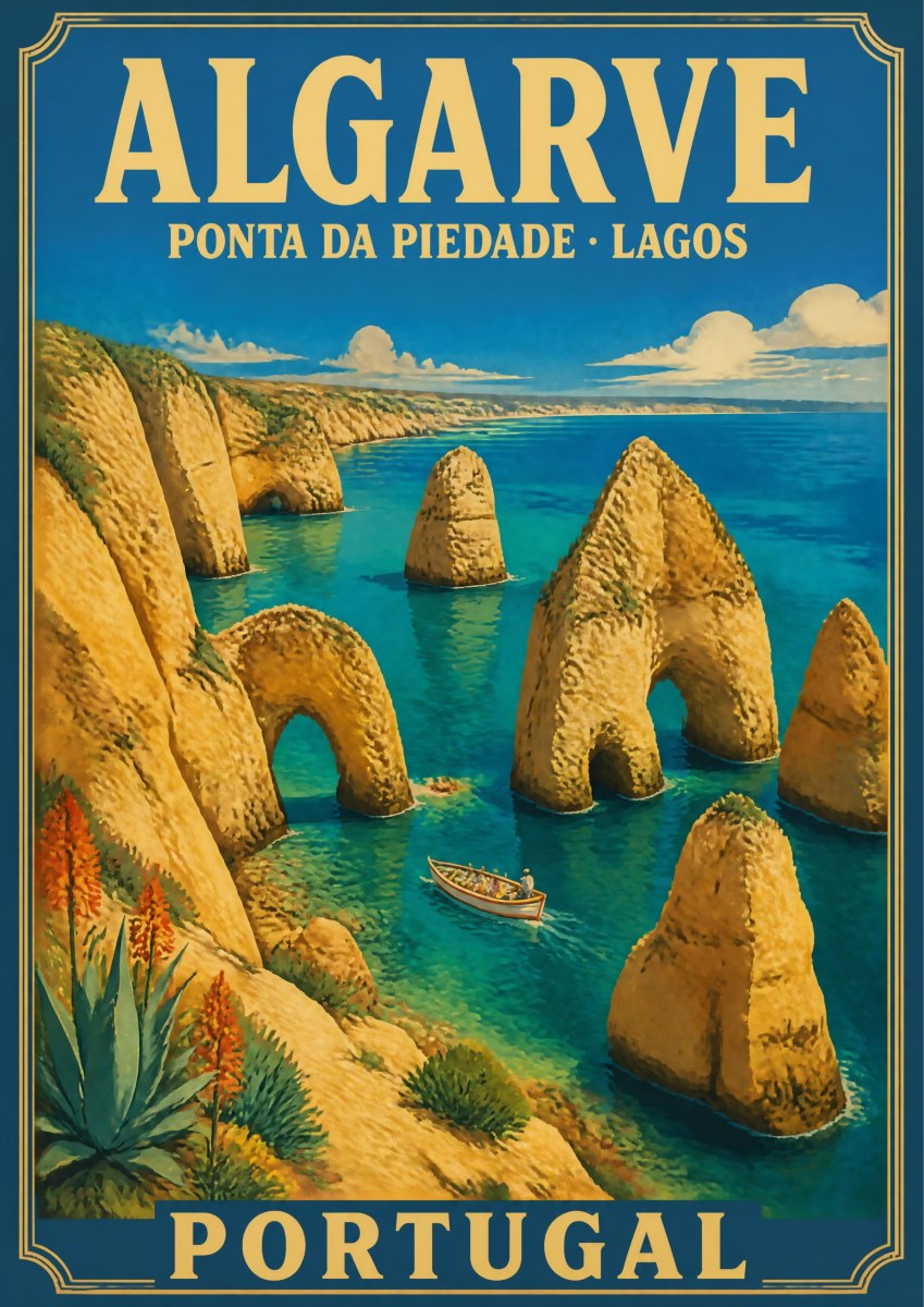 Ponta da Piedade — Algarve art print: vintage poster of the golden limestone sea stacks and arches at Ponta da Piedade near Lagos, with turquoise water, a small boat and agave in the foreground