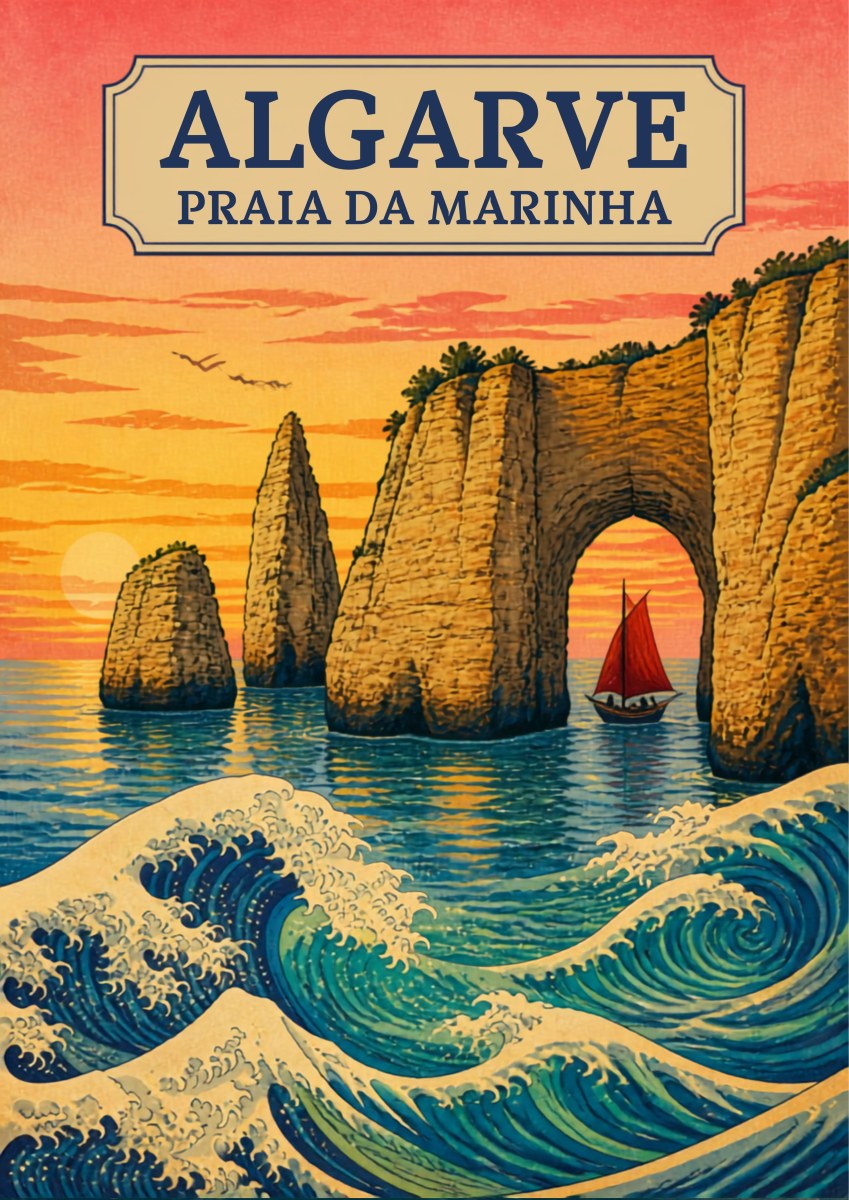 Praia da Marinha — Algarve art print: woodblock-style poster of the cliff arch at Praia da Marinha at sunset, with a red-sailed boat, orange sky and stylised blue breaking waves