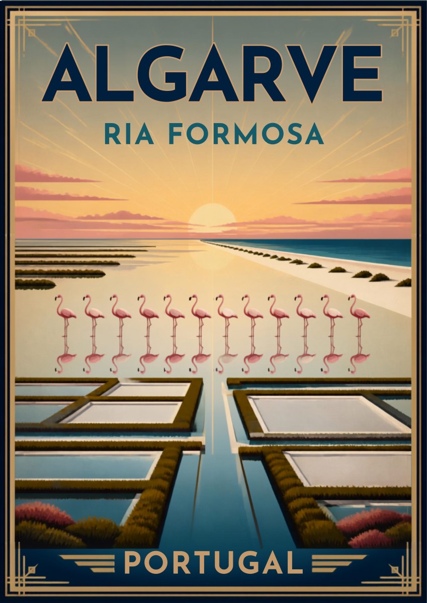 Ria Formosa — Algarve art print: minimal pastel poster of the Ria Formosa salt pans at dawn, with a long row of pink flamingos reflected in still geometric lagoon beds under a rising sun