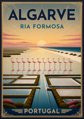 Ria Formosa — Algarve art print: minimal pastel poster of the Ria Formosa salt pans at dawn, with a long row of pink flamingos reflected in still geometric lagoon beds under a rising sun