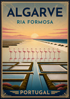 Ria Formosa — Algarve art print: minimal pastel poster of the Ria Formosa salt pans at dawn, with a long row of pink flamingos reflected in still geometric lagoon beds under a rising sun