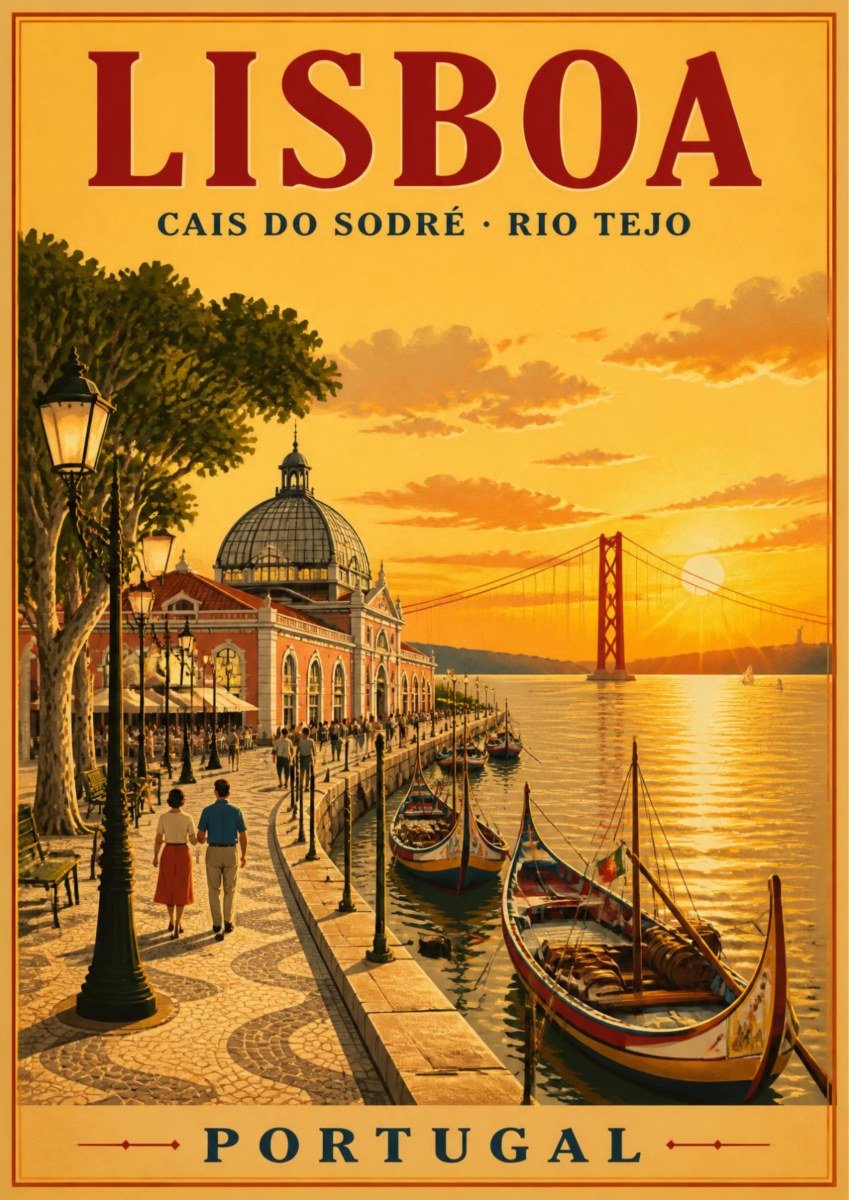 Cais do Sodre — Lisbon art print: a warm sunset poster of the Tagus riverfront at Cais do Sodre, with a couple strolling under lamplit trees beside a domed pavilion, moored wooden boats, and the red suspension bridge silhouetted in golden haze