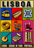 Cidade de Fado — Lisbon art print: a pop-art nine-panel grid in vivid flat colour showing the number 28 tram, a grilled sardine, blue azulejo tiles, a pastel de nata, the Galo de Barcelos rooster, a glass of ginjinha, a Portuguese guitar, a sardine tin and a Manueline stone column, under the line 'Lisboa - cidade de fado'