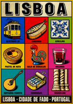 Cidade de Fado — Lisbon art print: a pop-art nine-panel grid in vivid flat colour showing the number 28 tram, a grilled sardine, blue azulejo tiles, a pastel de nata, the Galo de Barcelos rooster, a glass of ginjinha, a Portuguese guitar, a sardine tin and a Manueline stone column, under the line 'Lisboa - cidade de fado'