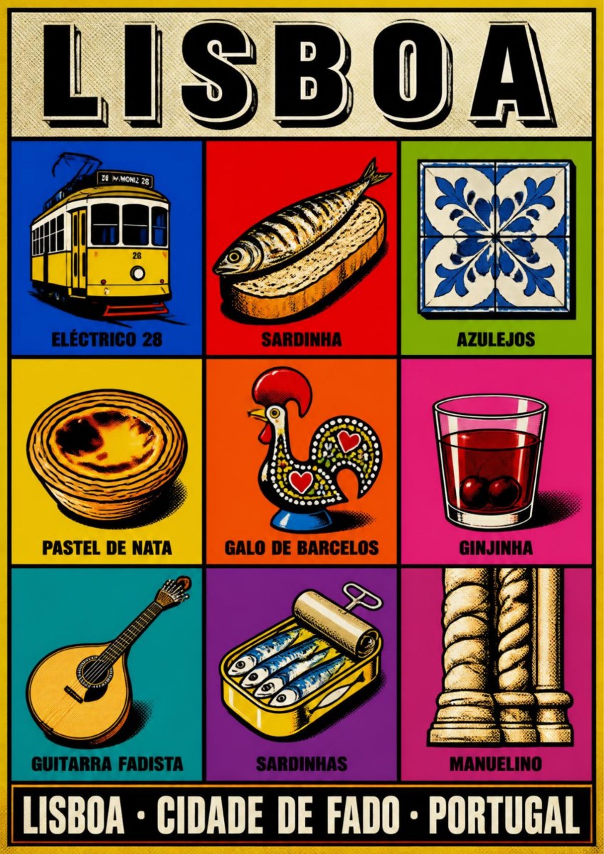 Cidade de Fado — Lisbon art print: a pop-art nine-panel grid in vivid flat colour showing the number 28 tram, a grilled sardine, blue azulejo tiles, a pastel de nata, the Galo de Barcelos rooster, a glass of ginjinha, a Portuguese guitar, a sardine tin and a Manueline stone column, under the line 'Lisboa - cidade de fado'