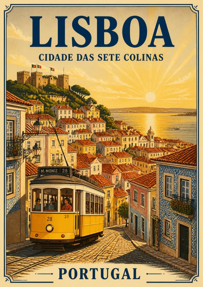 Electrico 28 — Lisbon art print: a vintage travel poster of the yellow number 28 tram climbing a cobbled Lisbon street between pastel tiled houses, with terracotta rooftops, the hilltop castle and a golden sunrise over the Tagus behind, captioned 'cidade das sete colinas'