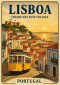 Electrico 28 — Lisbon art print: a vintage travel poster of the yellow number 28 tram climbing a cobbled Lisbon street between pastel tiled houses, with terracotta rooftops, the hilltop castle and a golden sunrise over the Tagus behind, captioned 'cidade das sete colinas'