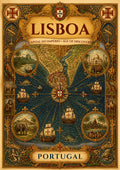 Era dos Descobrimentos — Lisbon art print: an antique cartographic poster in gold, green and blue showing a decorated Age of Discovery world map with caravels, rhumb lines, exotic animals and inset vignettes, framed by ornate scrollwork and the Portuguese shield