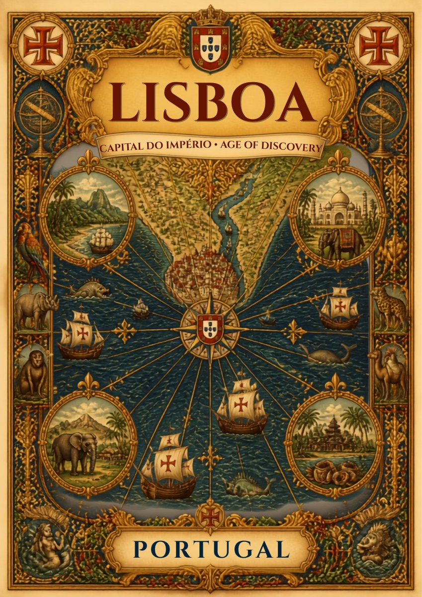 Era dos Descobrimentos — Lisbon art print: an antique cartographic poster in gold, green and blue showing a decorated Age of Discovery world map with caravels, rhumb lines, exotic animals and inset vignettes, framed by ornate scrollwork and the Portuguese shield