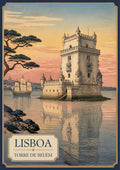 Torre de Belem — Lisbon art print: a serene woodblock-style poster of the Belem Tower standing in still water under a pink and pale blue sky, its pale stone reflected below, with a pine branch framing the left edge and sailing ships on the horizon